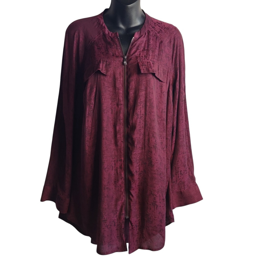 Rock & Republic Burgundy Lightweight Zip Up Roll/Up Sleeves Top Tunic Size M